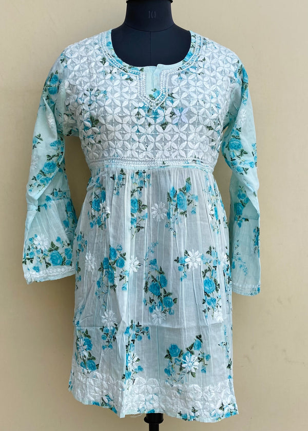 Lucknowi Chikankari Printed Short Kurti Sea Green Mulmul Cotton