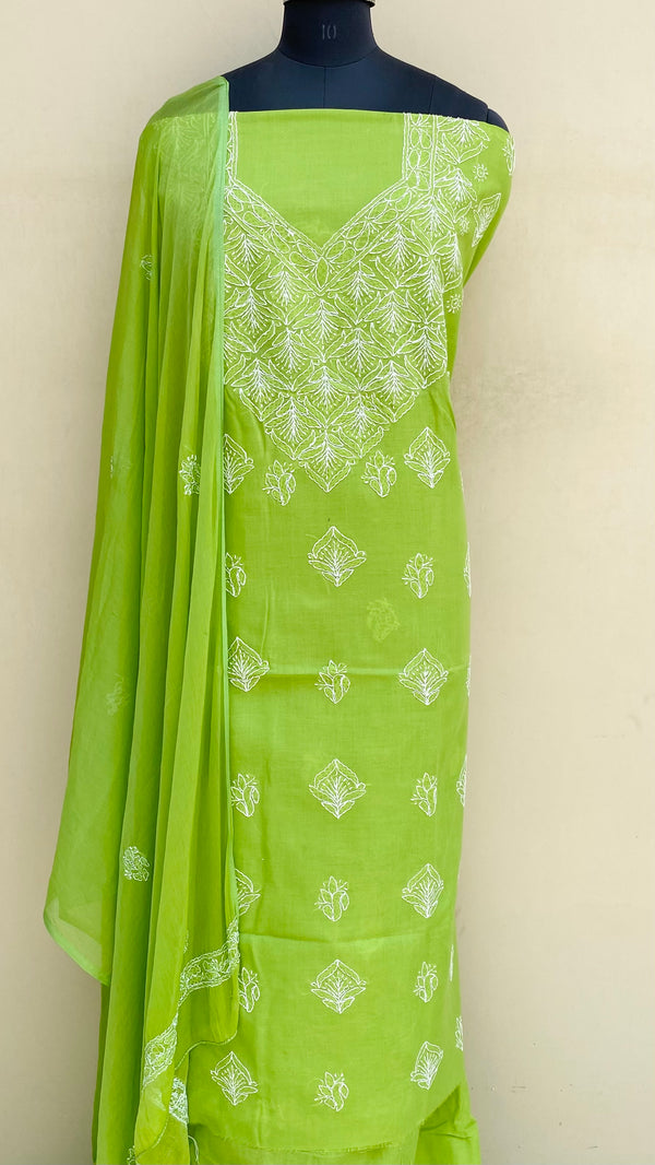 Lucknowi Chikankari Suit Length 3 Piece Parrot Green Cotton