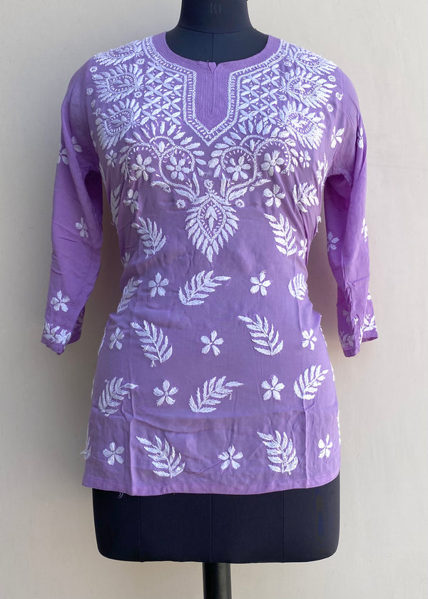 Lucknowi Chikankari Short Kurti Purple Modal Cotton