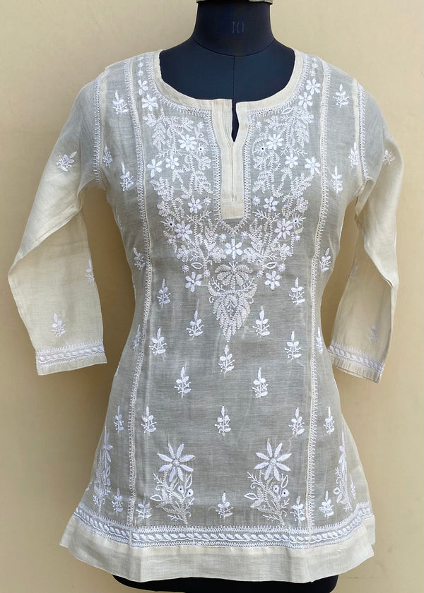 Lucknowi Chikankari Short Kurti Beige Tissue