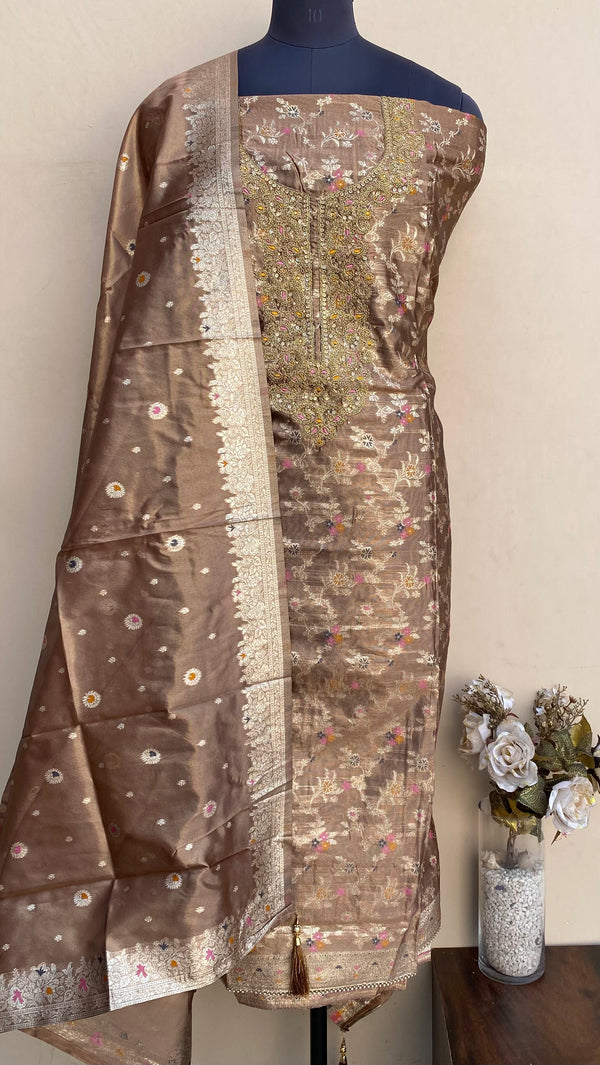 Designer Embroidered Suit Length 3 Piece Brown Mal Chanderi With Cutdana Work