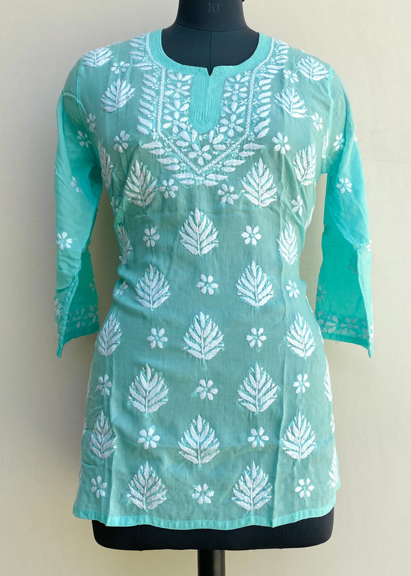 Lucknowi Chikankari Short Kurti Sea Green Modal Cotton