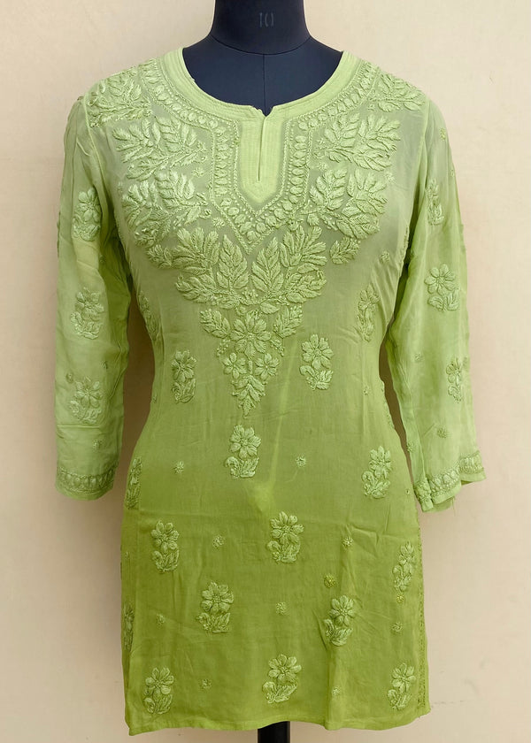 Lucknowi Chikankari Ombre Short Kurti Green Pure Georgette With Self 3D Work