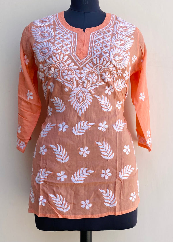 Lucknowi Chikankari Short Kurti Peach Modal Cotton