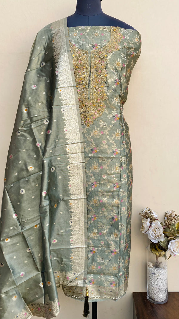 Designer Embroidered Suit Length 3 Piece Green Mal Chanderi With Cutdana Work