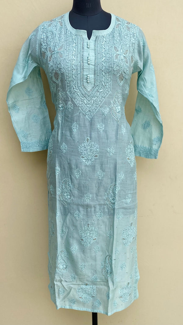 Lucknowi Chikankari Kurti Sea Green Mal Chanderi With Mukaish & Resham Work