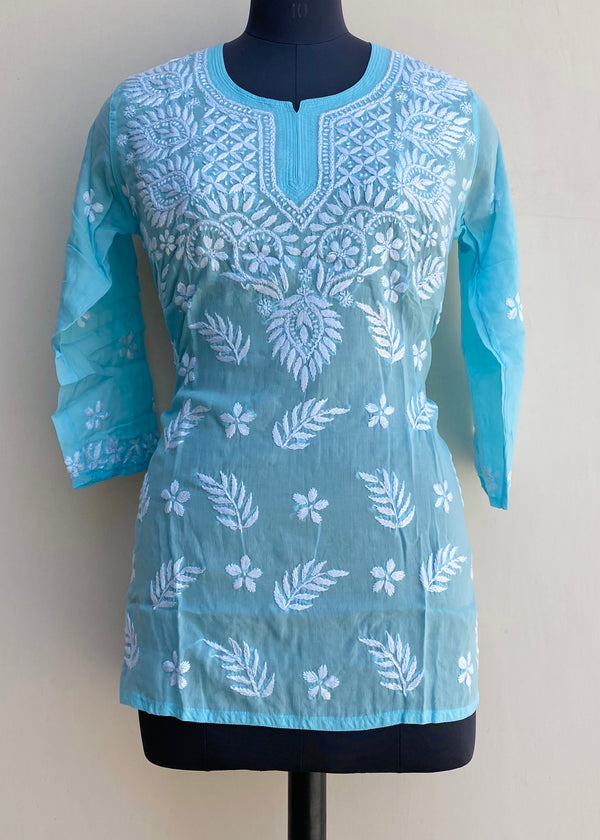 Lucknowi Chikankari Short Kurti Blue Modal Cotton