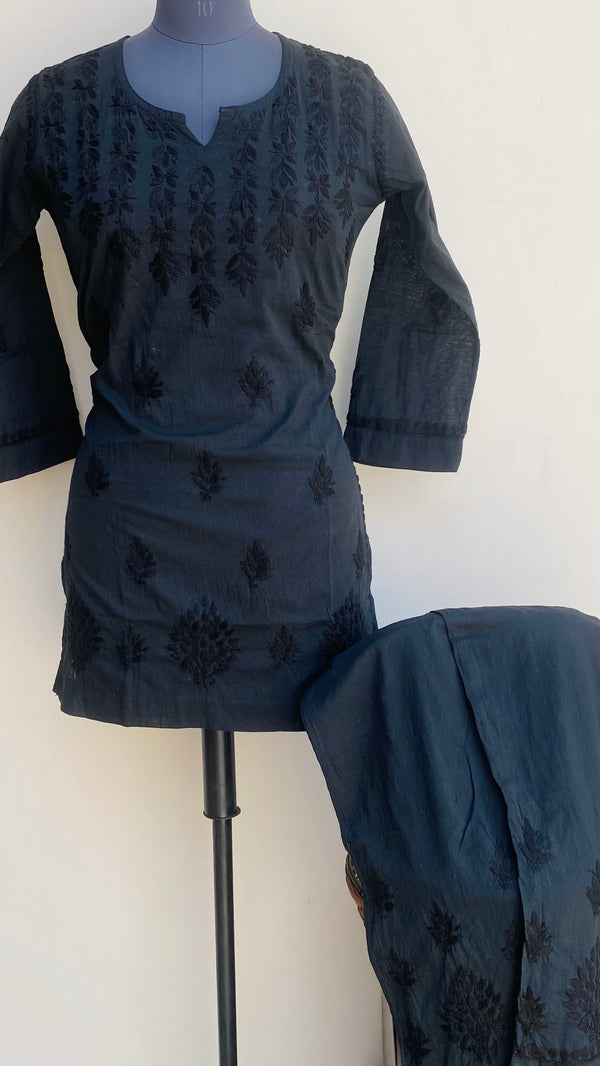 Lucknowi Chikankari Co-ord Set Black Mulmul Cotton With Self Work