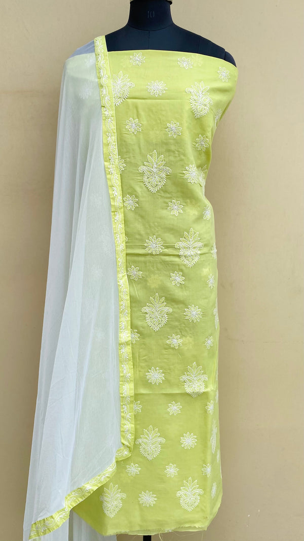 Lucknowi Chikankari Suit Length 3 Piece Parrot Green Cotton