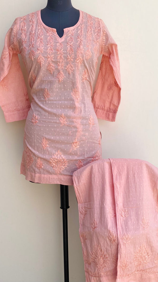Lucknowi Chikankari Co-ord Set Peach Mulmul Cotton With Self Work