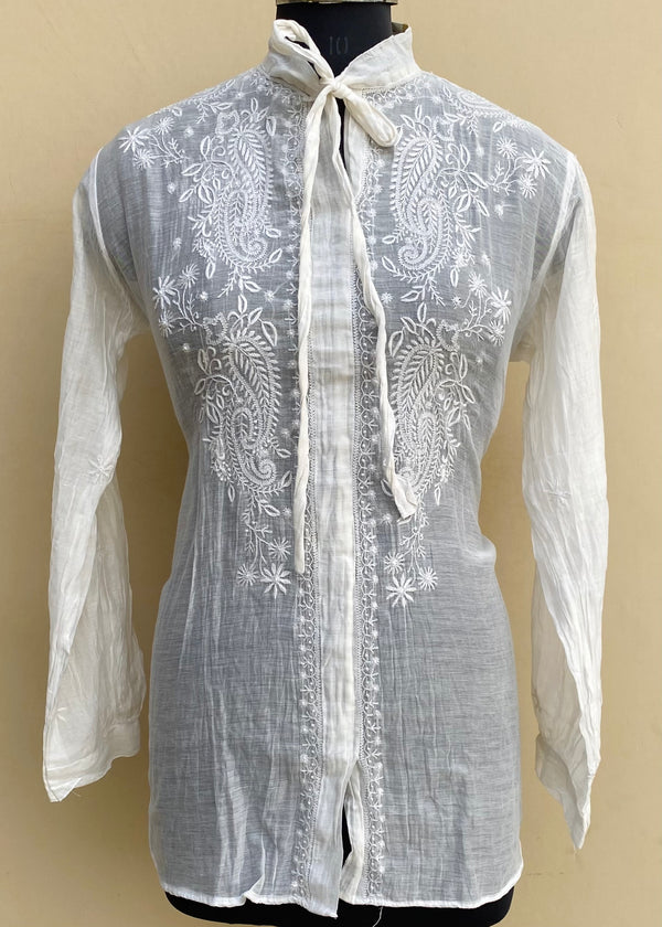 Lucknowi Chikankari Short Kurti Off White Mal Chanderi