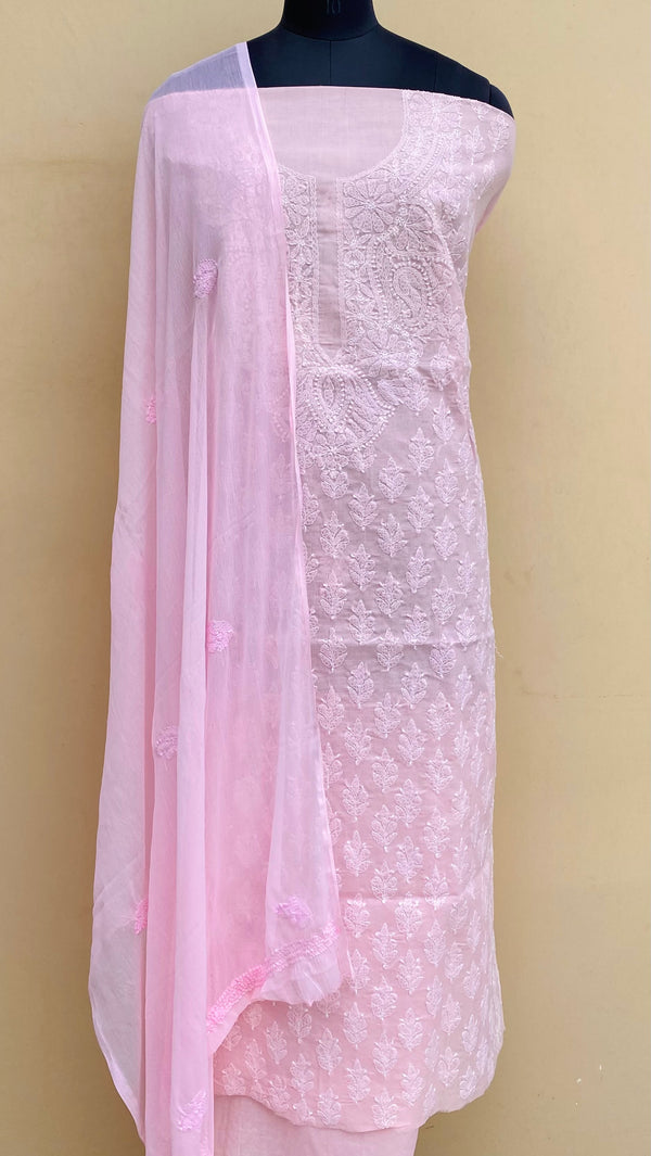 Lucknowi Chikankari Suit Length 3 Piece Pink Cotton