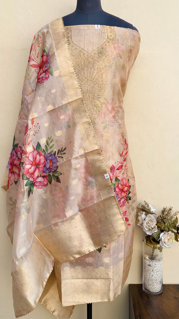 Designer Embroidered Suit Length 3 Piece Beige Organza