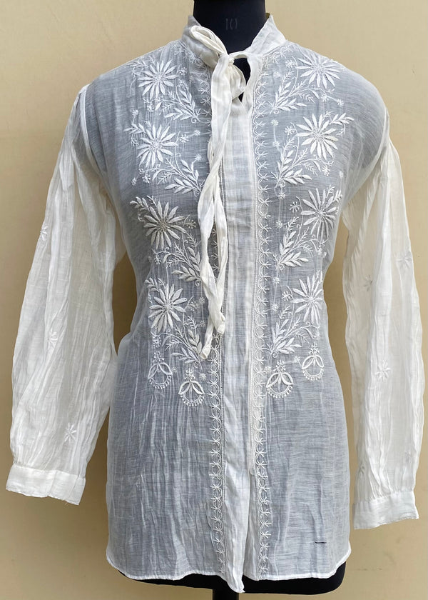 Lucknowi Chikankari Short Kurti Off White Mal Chanderi