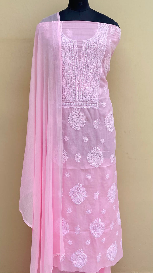 Lucknowi Chikankari Suit Length 3 Piece Pink Cotton