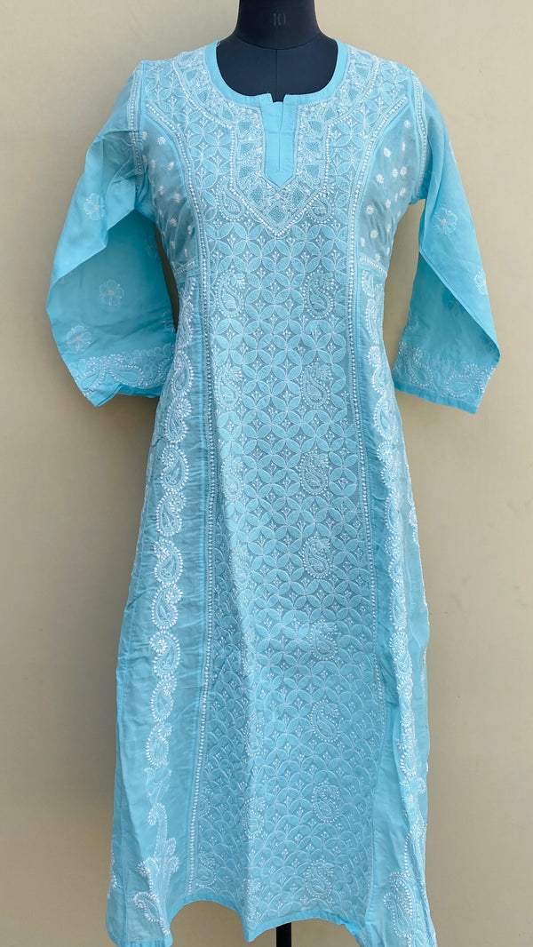 Lucknowi Chikankari Anarkali Kurti Blue Cotton With Jaali Work