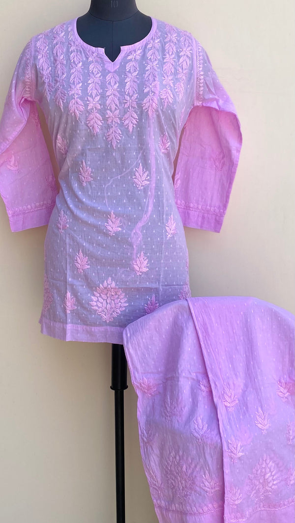Lucknowi Chikankari Co-ord Set Pink Mulmul Cotton With Self Work