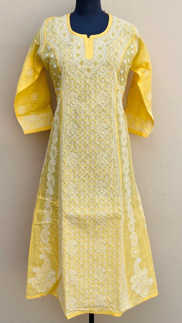 Lucknowi Chikankari Anarkali Kurti Yellow Cotton With Jaali Work