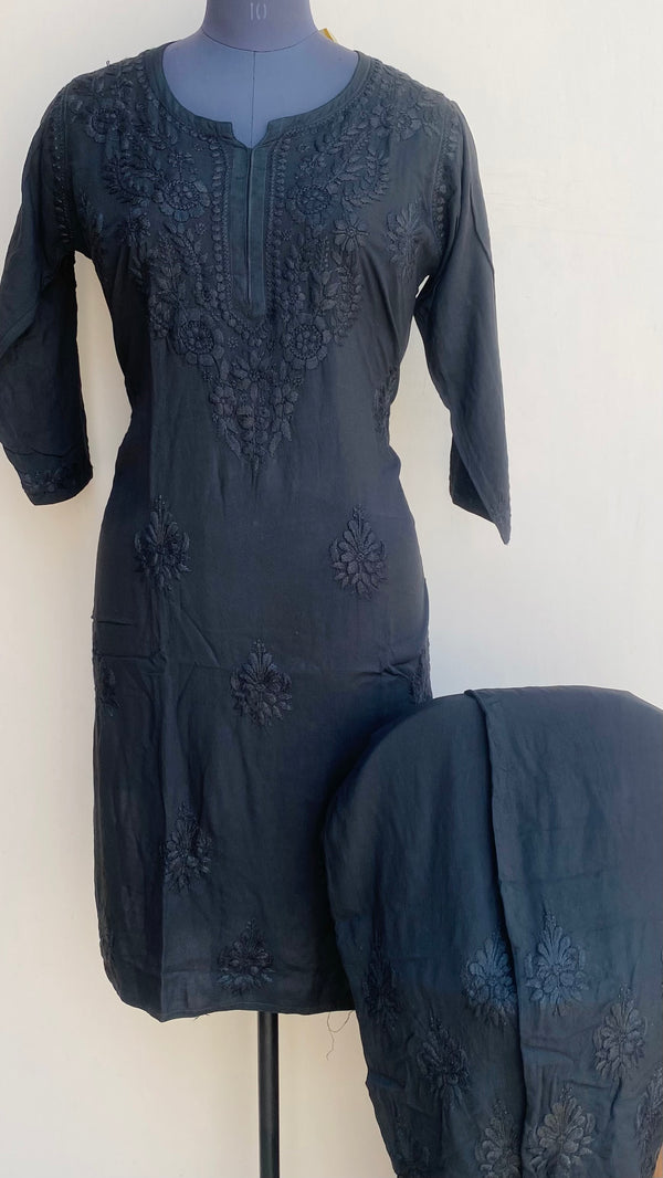 Lucknowi Chikankari Co-ord Set Black Modal Cotton With Self Work