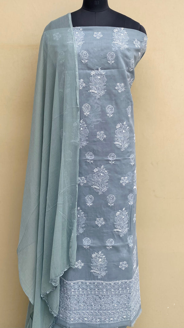 Lucknowi Chikankari Suit Length 3 Piece Gray Cotton