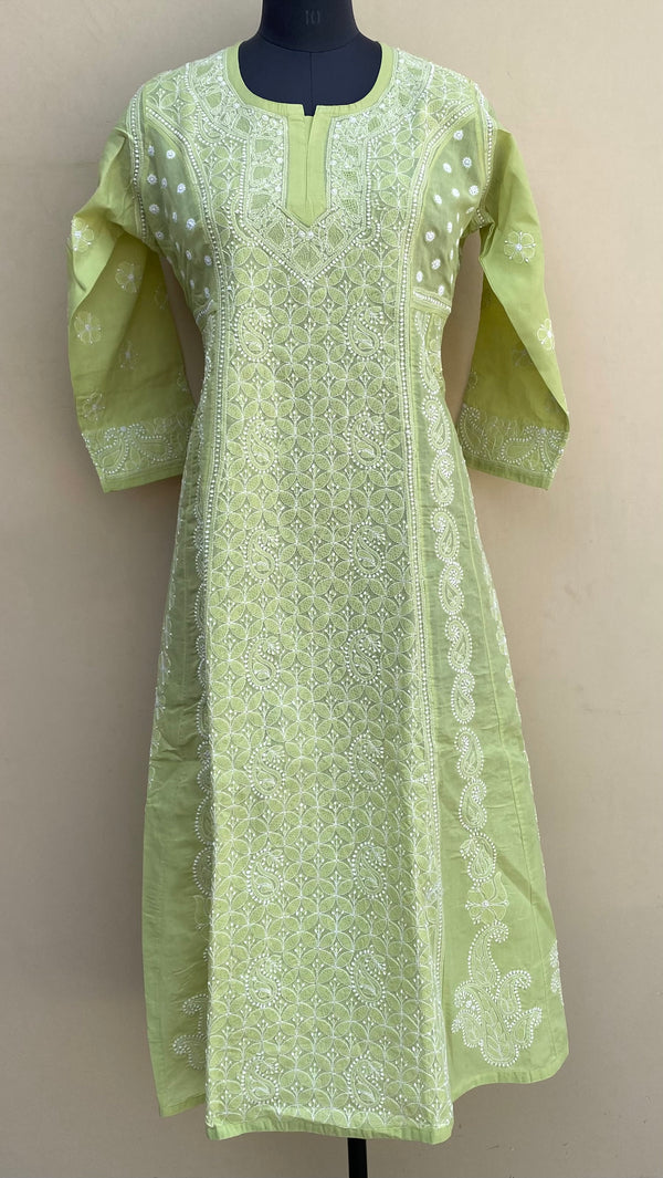 Lucknowi Chikankari Anarkali Kurti Green Cotton With Jaali Work