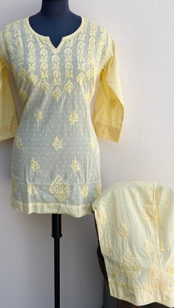 Lucknowi Chikankari Co-ord Set Yellow Mulmul Cotton With Self Work