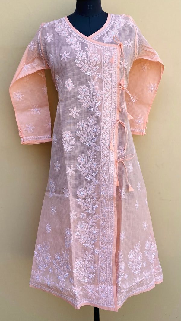 Lucknowi Chikankari Angrakha Kurti Peach Kota