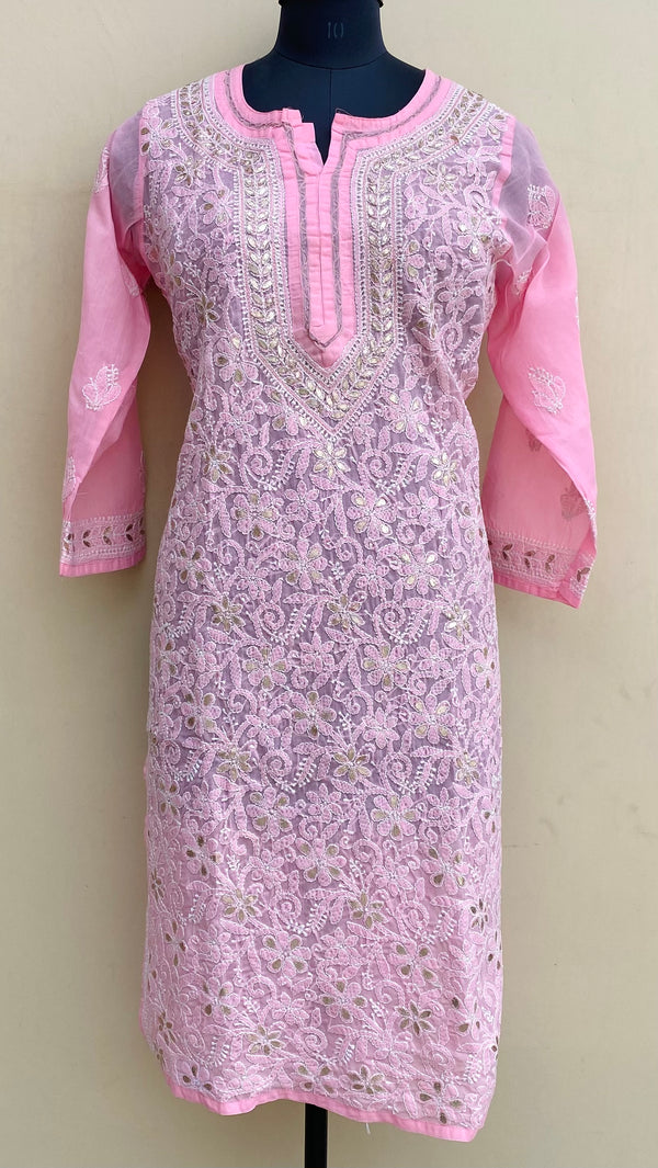 Lucknowi Chikankari Kurti Pink Cotton With Gotta Patti Work