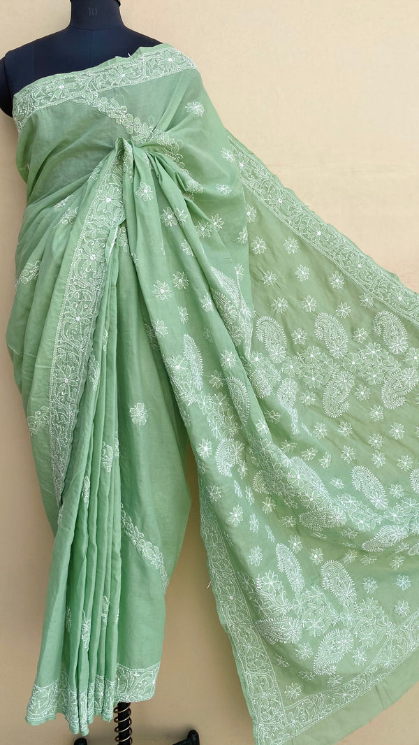 Lucknowi Chikankari Saree Teal Green Cotton