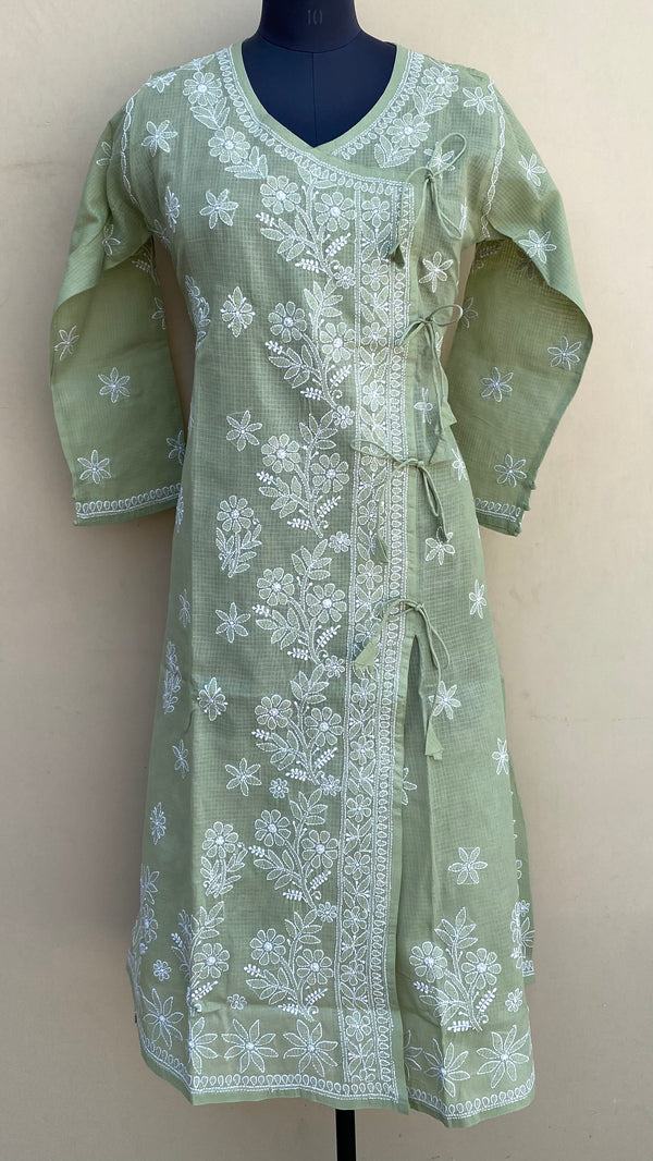 Lucknowi Chikankari Angrakha Kurti Green Kota