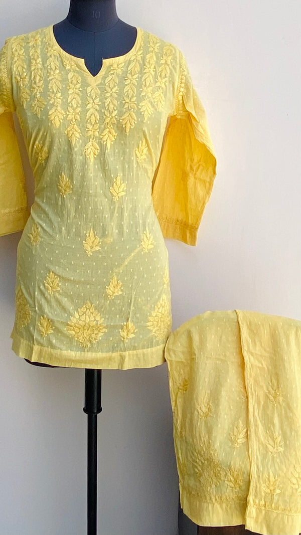 Lucknowi Chikankari Co-ord Set Yellow Mulmul Cotton With Self Work