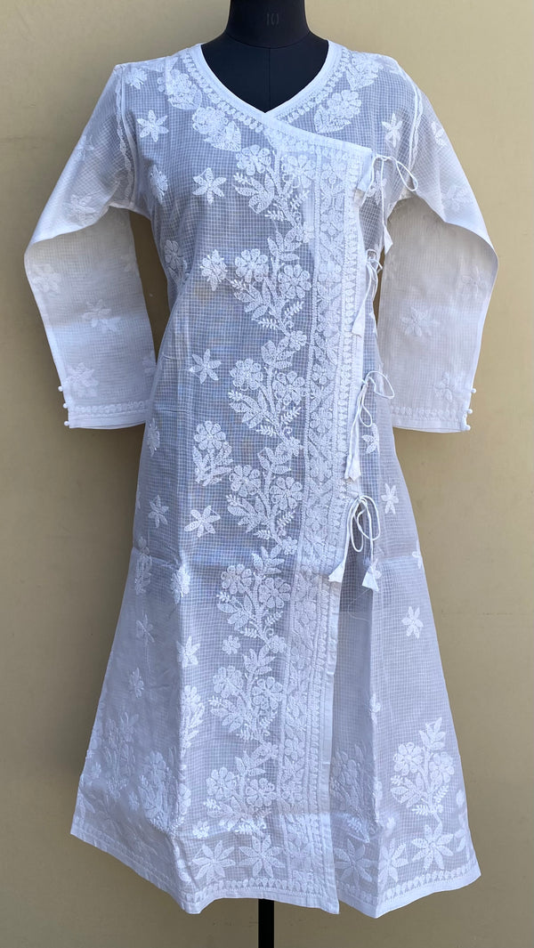 Lucknowi Chikankari Angrakha Kurti White Kota