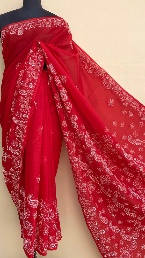 Lucknowi Chikankari Saree Red Cotton