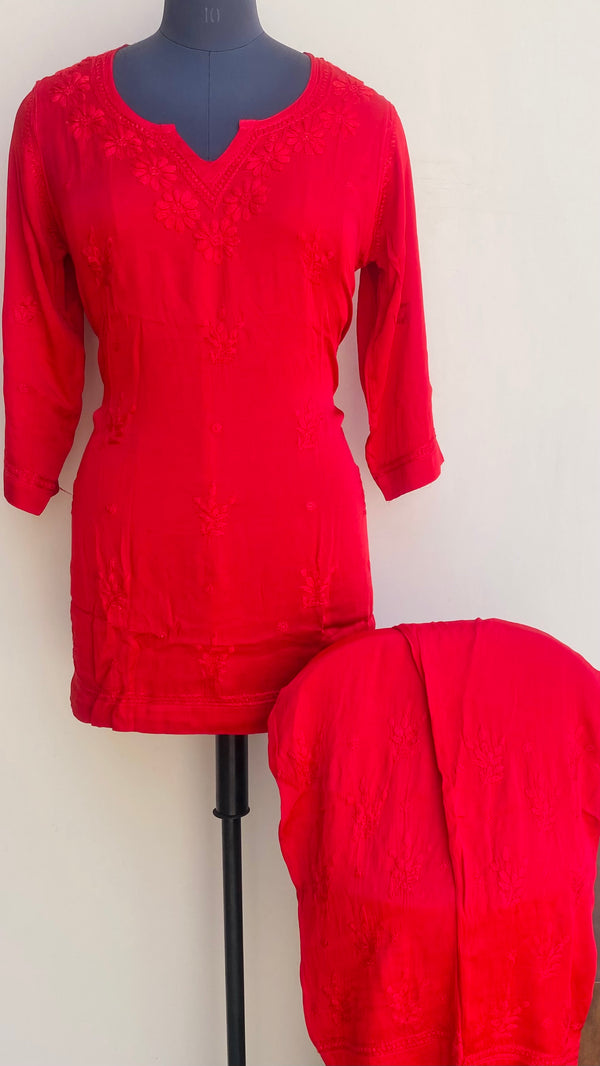 Lucknowi Chikankari Co-ord Set Red Muslin Cotton With Self Work