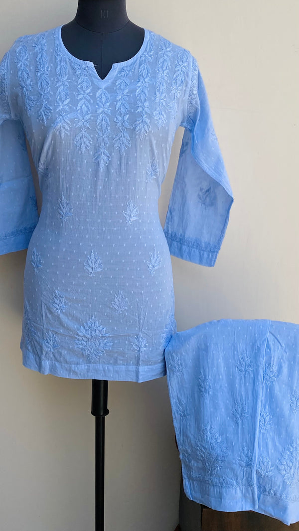 Lucknowi Chikankari Co-ord Set Powder Blue Mulmul Cotton With Self Work