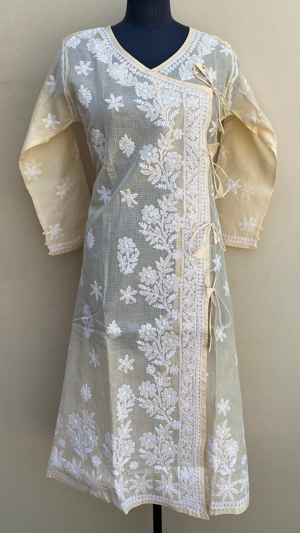 Lucknowi Chikankari Angrakha Kurti Beige Kota