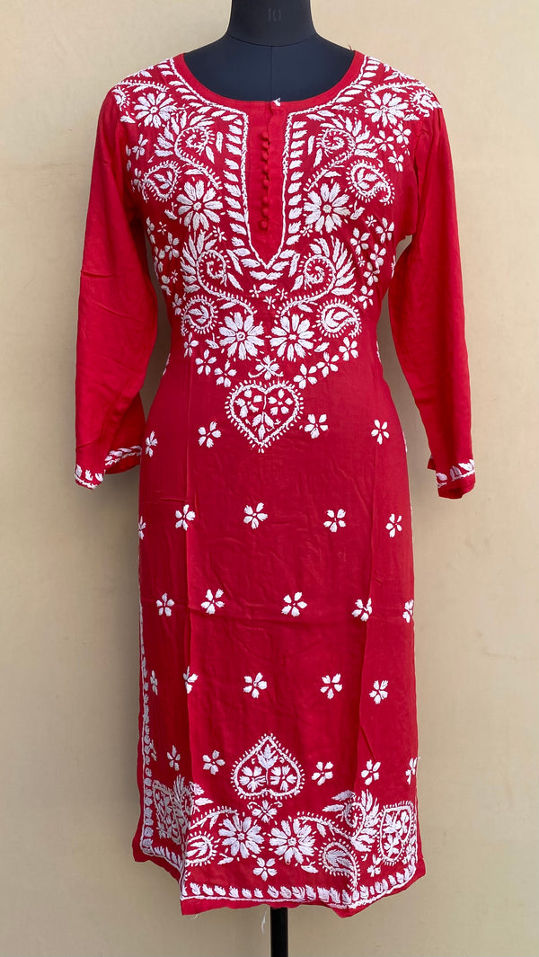 Lucknowi Chikankari Kurti Red Modal Cotton