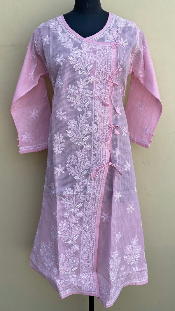 Lucknowi Chikankari Angrakha Kurti Pink Kota