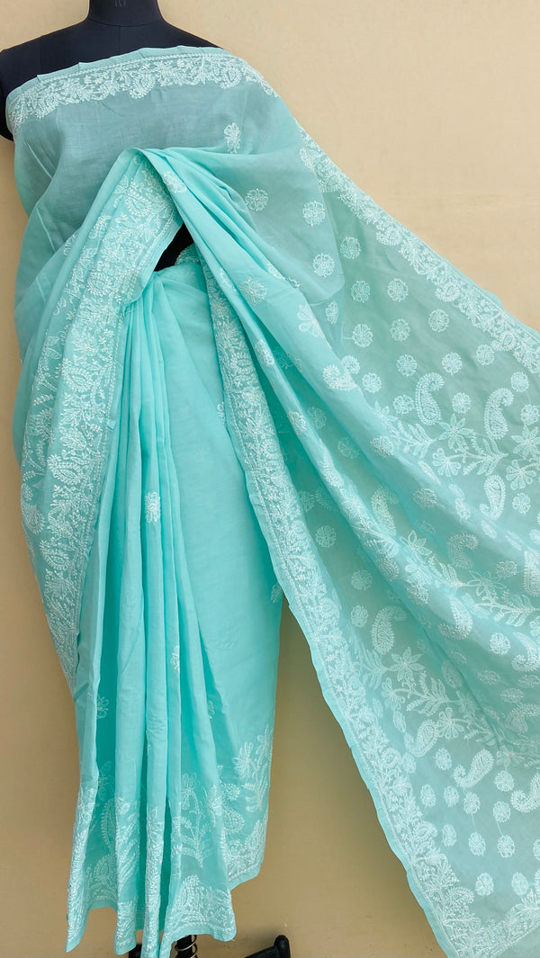 Lucknowi Chikankari Saree Sea Green Cotton