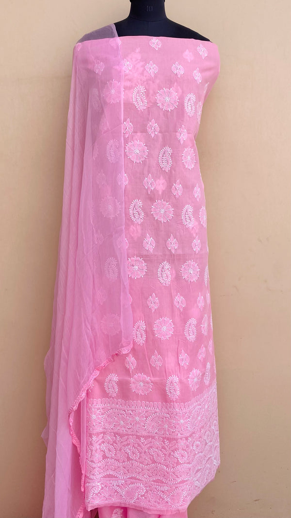Lucknowi Chikankari Suit Length 3 Piece Pink Cotton