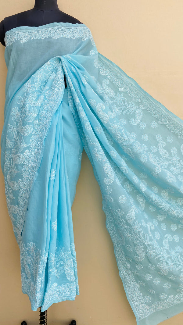 Lucknowi Chikankari Saree Blue Cotton