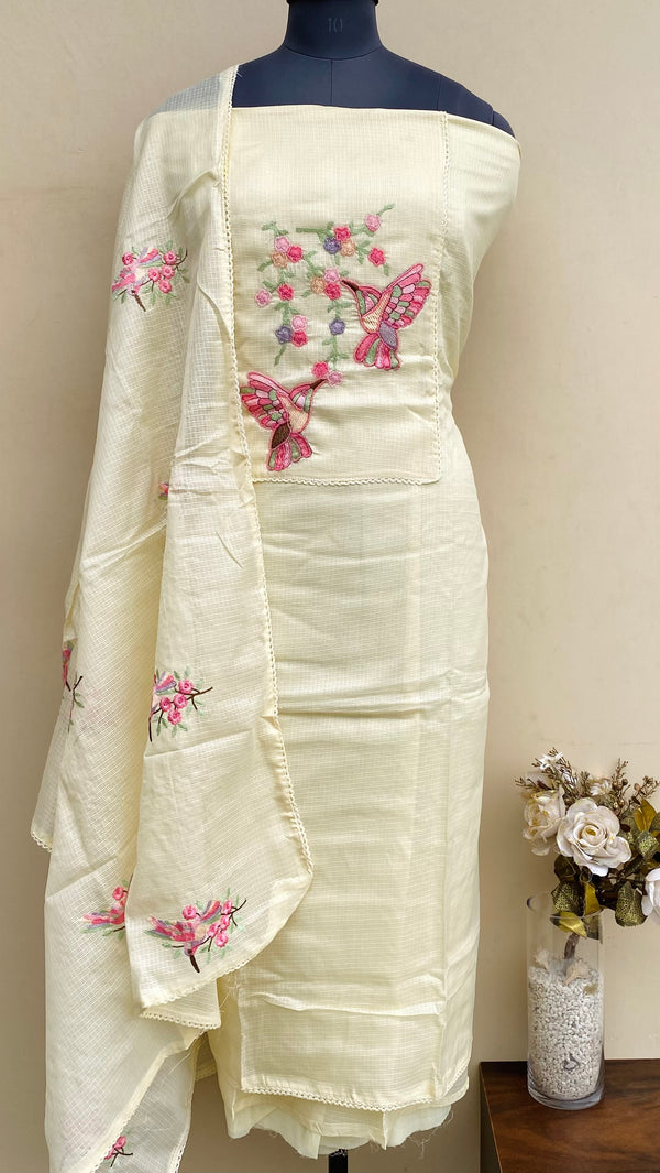 Designer Embroidered Suit Length 3 Piece Cream Kota With Pearl Work