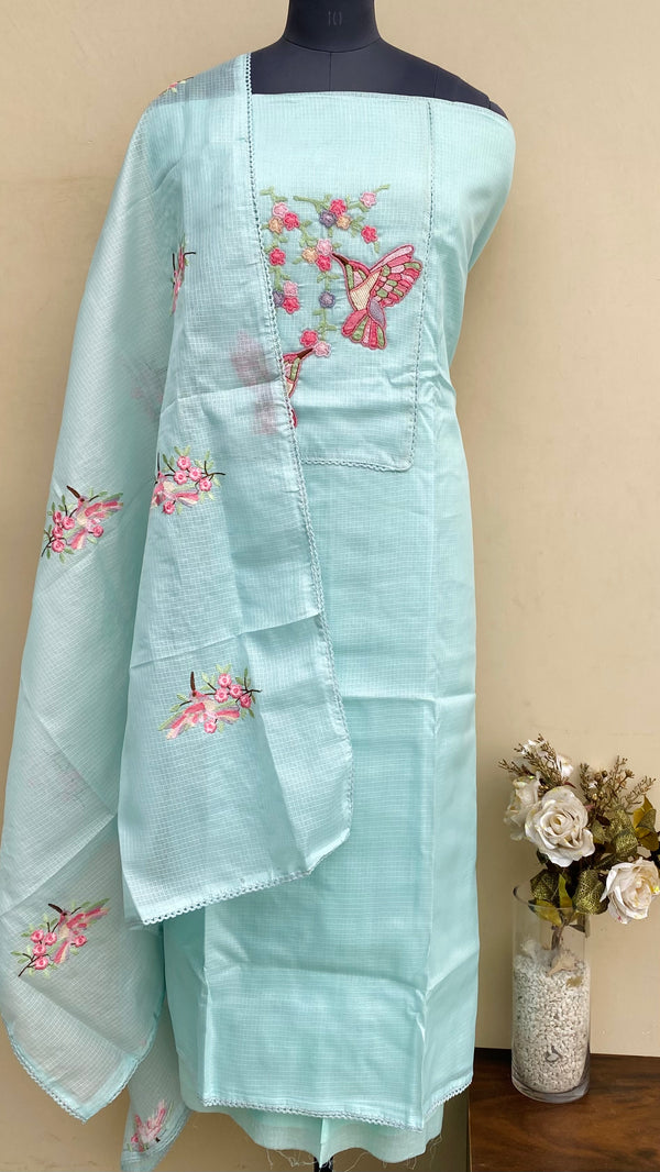 Designer Embroidered Suit Length 3 Piece Sea Green Kota With Pearl Work