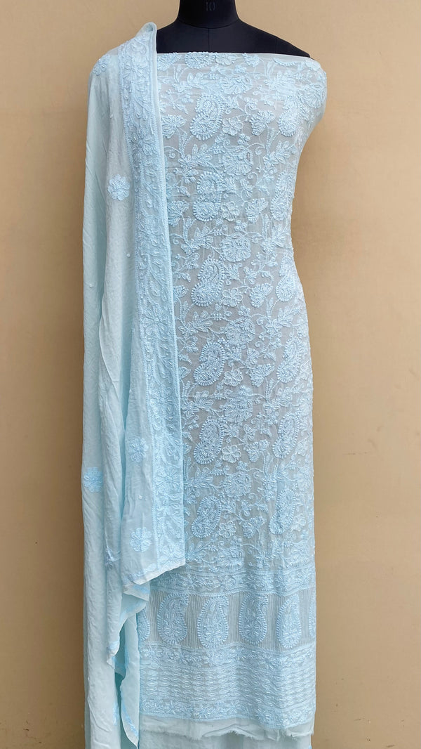 Lucknowi Chikankari Suit Length 2 Piece Blue Pure Georgette