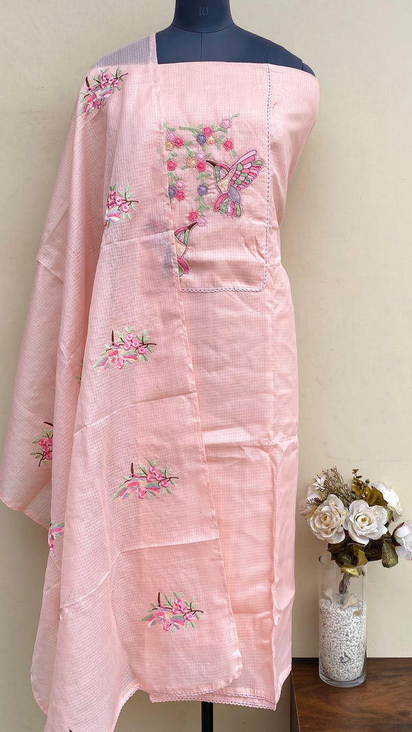 Designer Embroidered Suit Length 3 Piece Peach Kota With Pearl Work