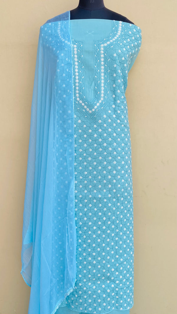 Lucknowi Chikankari Suit Length 3 Piece Blue Cotton