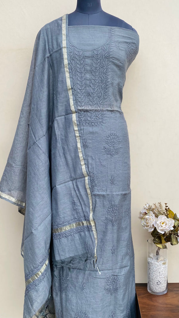 Lucknowi Chikankari Suit Length 2 Piece Gray Mal Chanderi