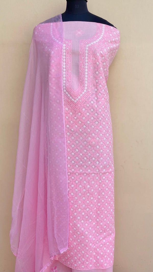 Lucknowi Chikankari Suit Length 3 Piece Pink Cotton