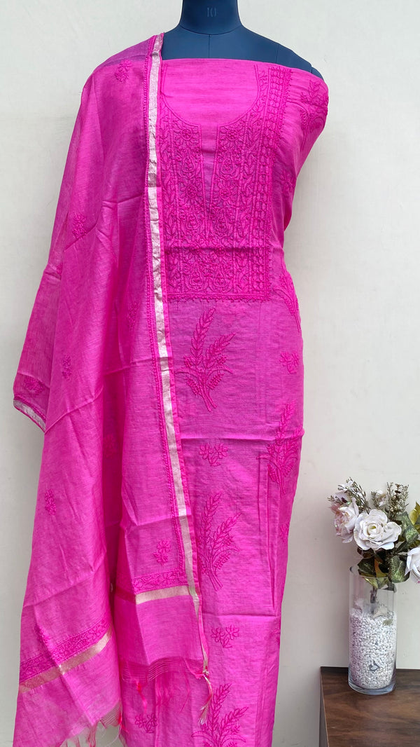 Lucknowi Chikankari Suit Length 2 Piece Pink Mal Chanderi