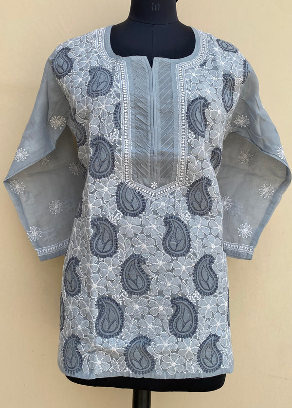 Lucknowi Chikankari Short Kurti Gray Cotton